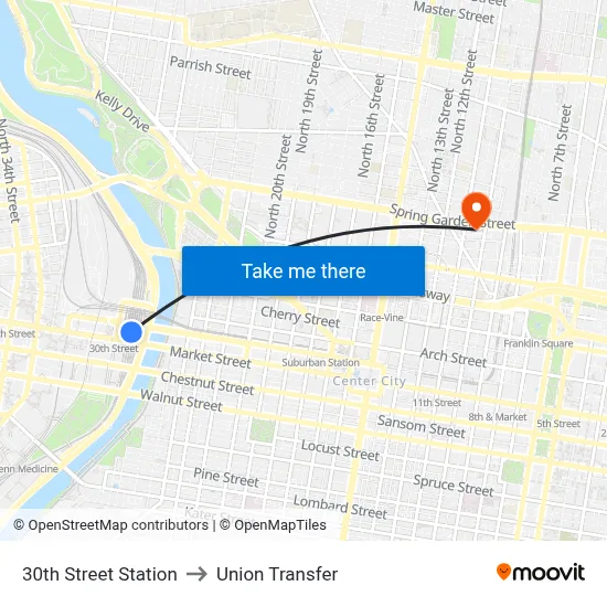 30th Street Station to Union Transfer map
