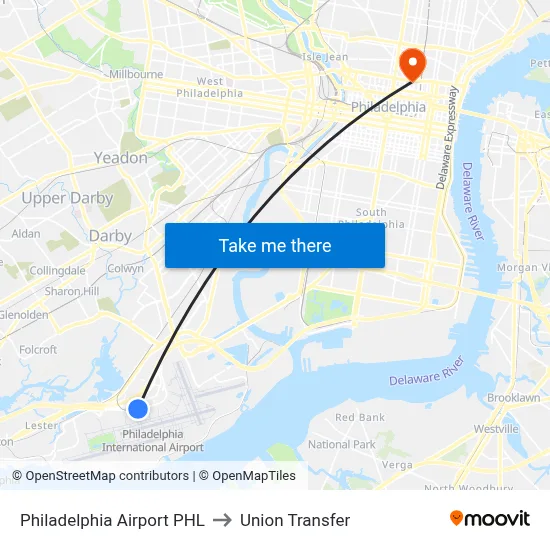 Philadelphia Airport PHL to Union Transfer map