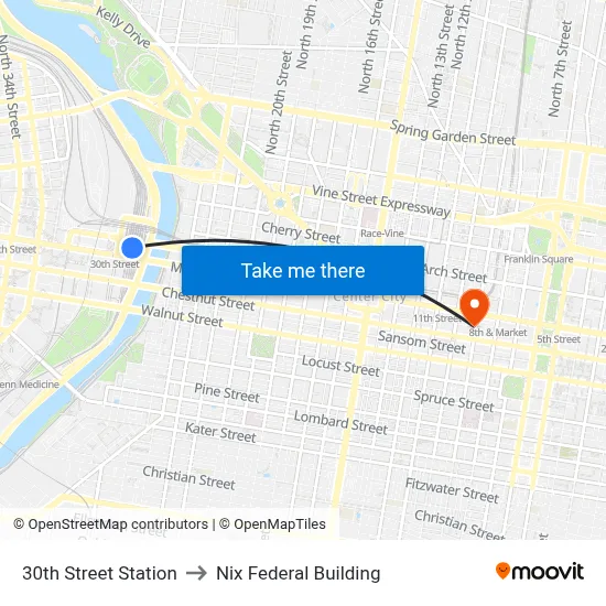 30th Street Station to Nix Federal Building map
