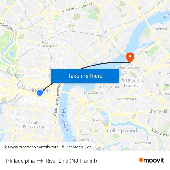 Philadelphia to River Line (NJ Transit) map