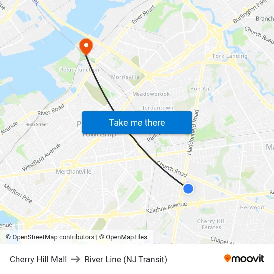 Cherry Hill Mall to River Line (NJ Transit) map