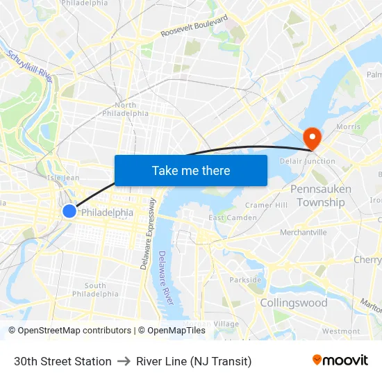 30th Street Station to River Line (NJ Transit) map