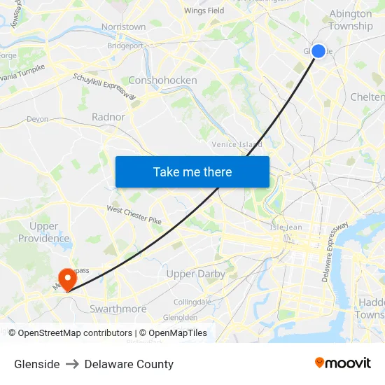 Glenside to Delaware County map
