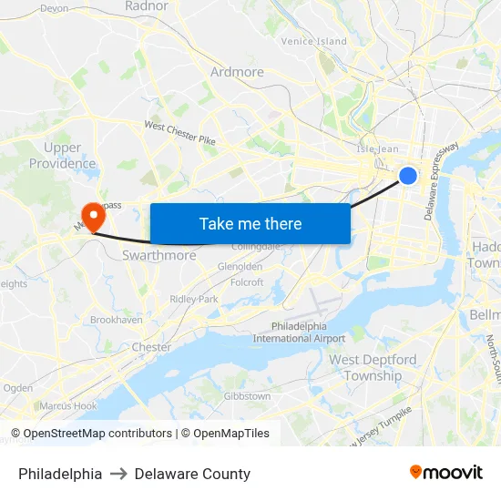Philadelphia to Delaware County map