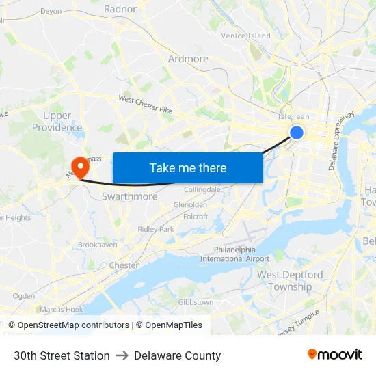 30th Street Station to Delaware County map