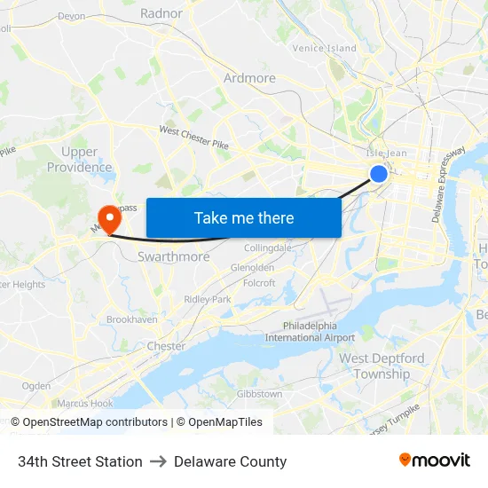 34th Street Station to Delaware County map