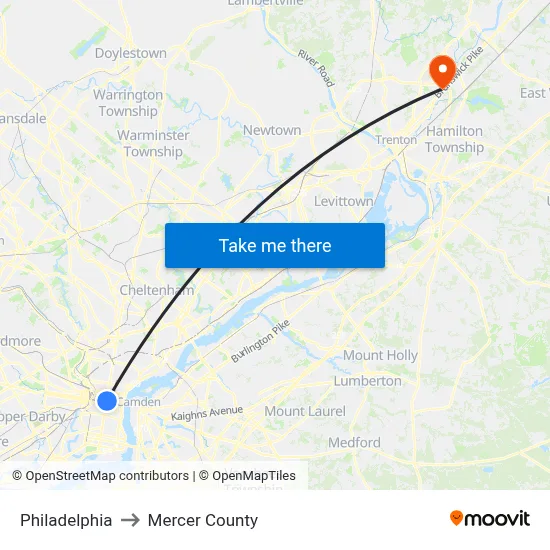 Philadelphia to Mercer County map