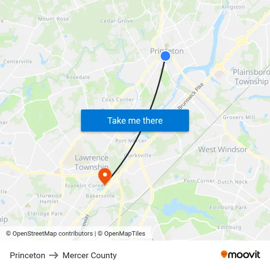 Princeton to Mercer County map