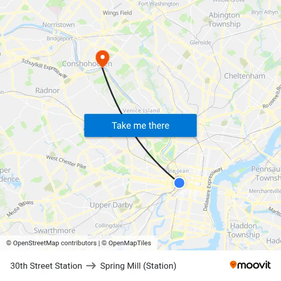 30th Street Station to Spring Mill (Station) map