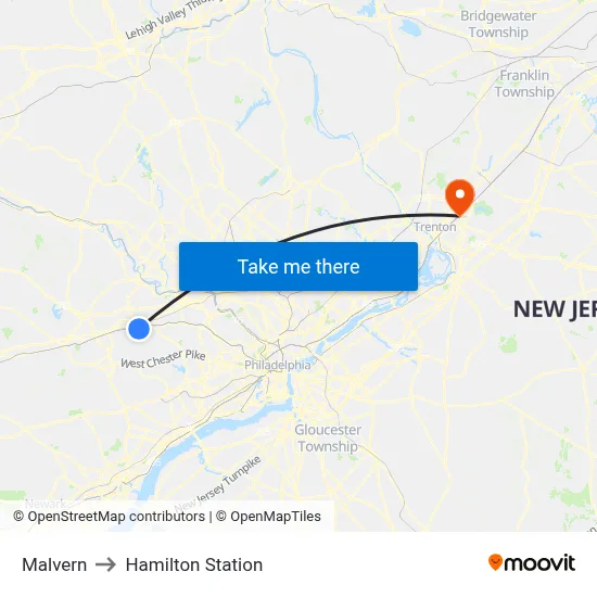 Malvern to Hamilton Station map