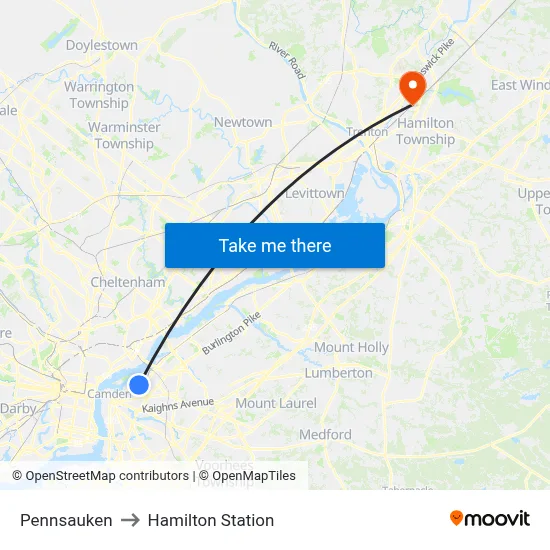 Pennsauken to Hamilton Station map