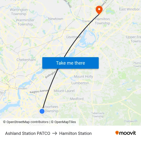 Ashland Station PATCO to Hamilton Station map