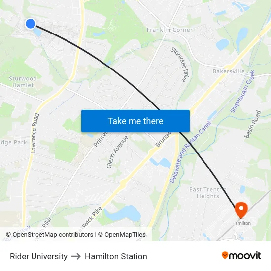 Rider University to Hamilton Station map