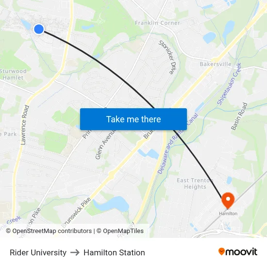 Rider University to Hamilton Station map