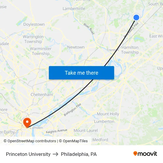 Princeton University to Philadelphia, PA map