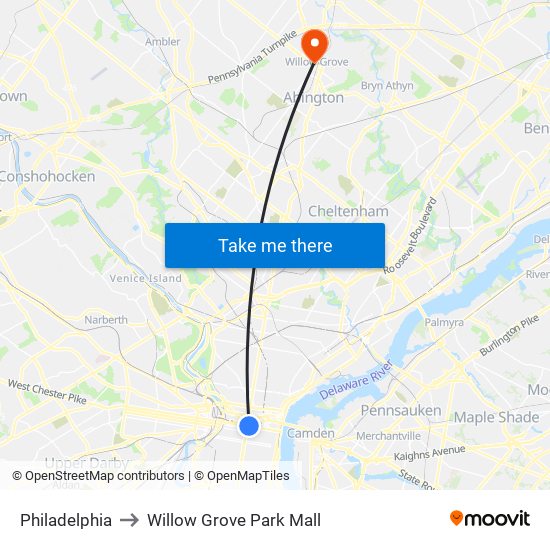 Philadelphia to Willow Grove Park Mall map