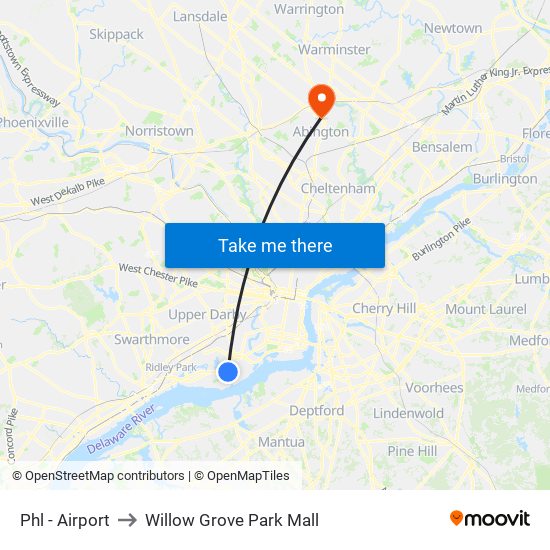 Phl - Airport to Willow Grove Park Mall map