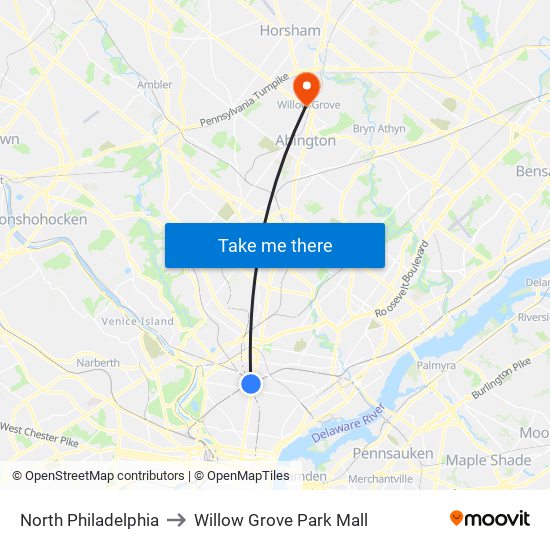 North Philadelphia to Willow Grove Park Mall map