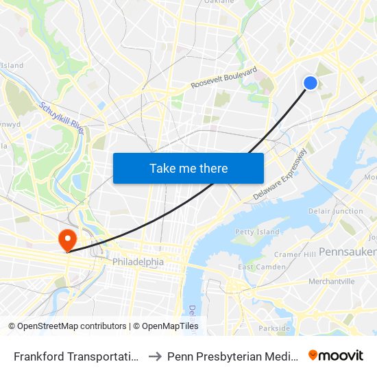 Frankford Transportation Center to Penn Presbyterian Medical Center map