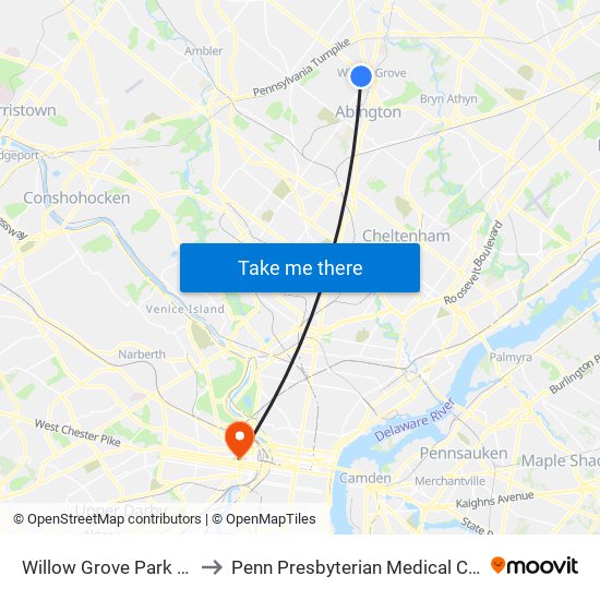Willow Grove Park Mall to Penn Presbyterian Medical Center map