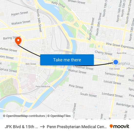JFK Blvd & 15th St to Penn Presbyterian Medical Center map