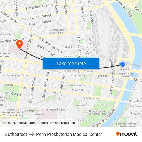 30th Street to Penn Presbyterian Medical Center map