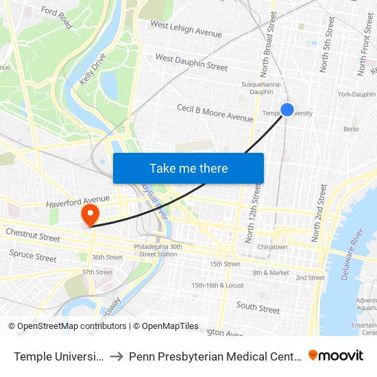 Temple University to Penn Presbyterian Medical Center map