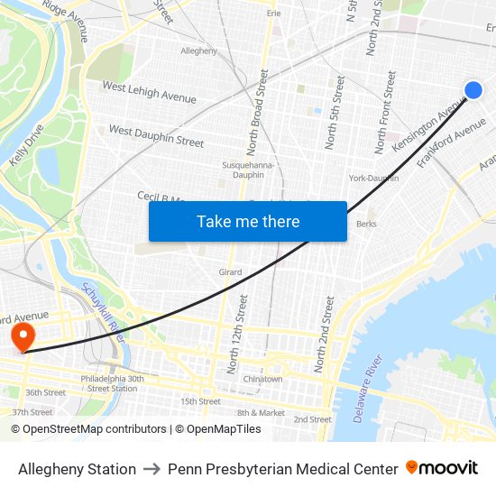 Allegheny Station to Penn Presbyterian Medical Center map