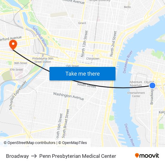 Broadway to Penn Presbyterian Medical Center map