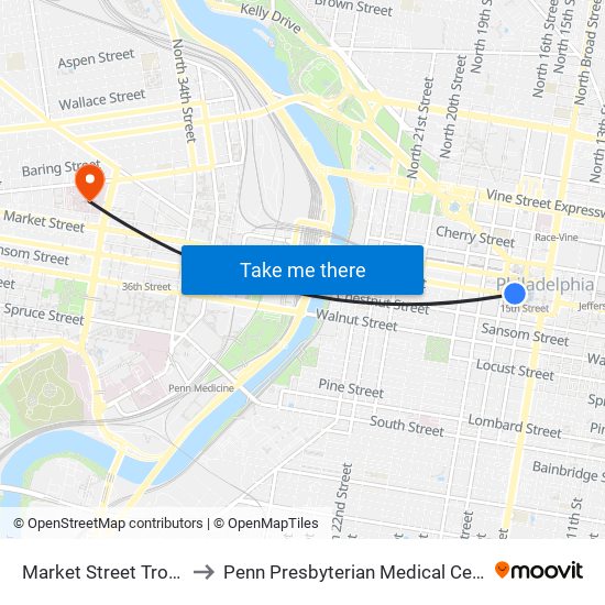 Market Street Trolley to Penn Presbyterian Medical Center map