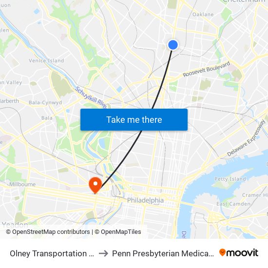 Olney Transportation Center to Penn Presbyterian Medical Center map