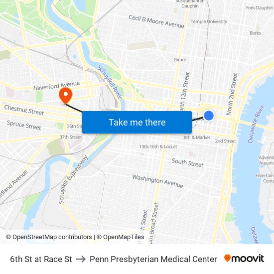 6th St at Race St to Penn Presbyterian Medical Center map