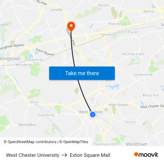 West Chester University to Exton Square Mall map