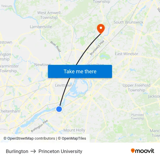 Burlington to Princeton University map