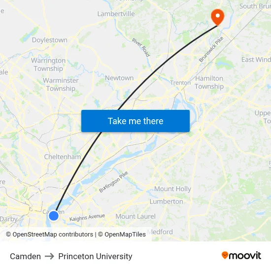 Camden to Princeton University map