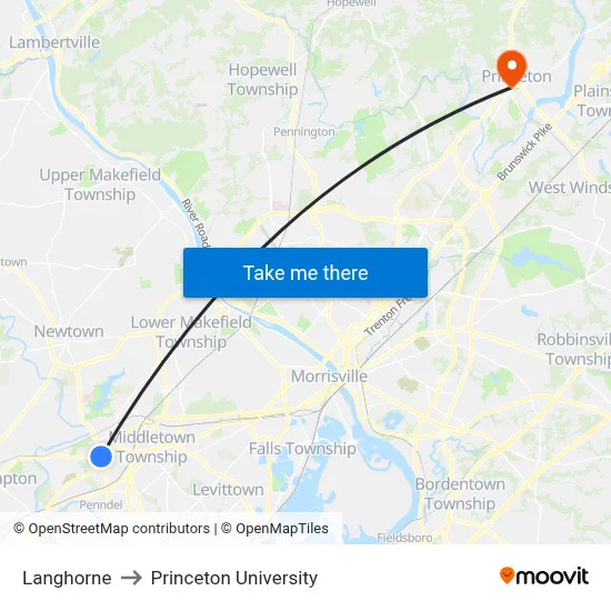 Langhorne to Princeton University map