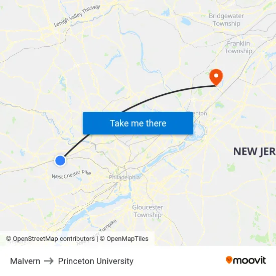 Malvern to Princeton University map