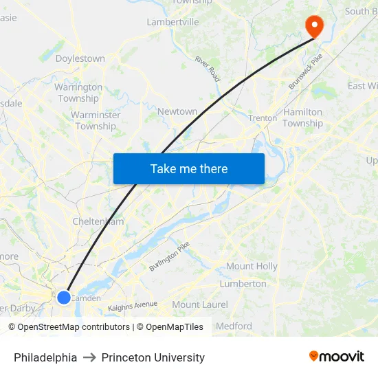 Philadelphia to Princeton University map