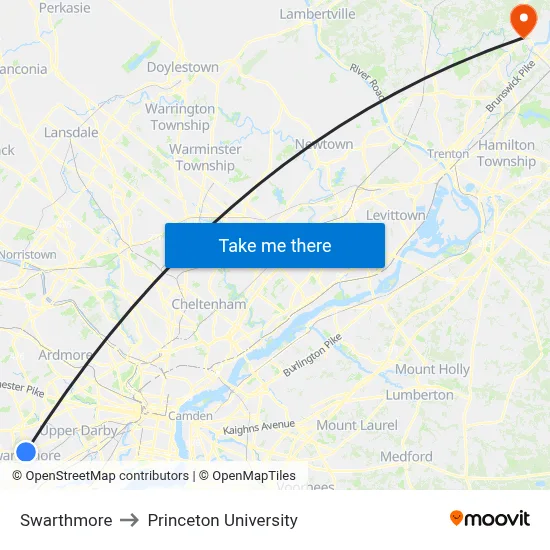 Swarthmore to Princeton University map