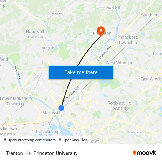 Trenton to Princeton University map