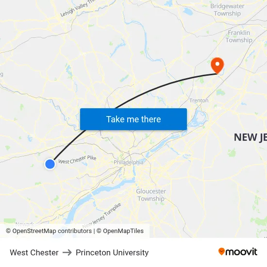 West Chester to Princeton University map
