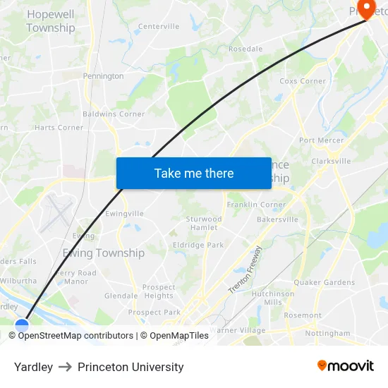 Yardley to Princeton University map