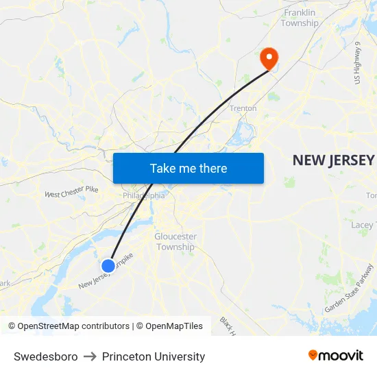 Swedesboro to Princeton University map