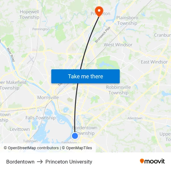 Bordentown to Princeton University map