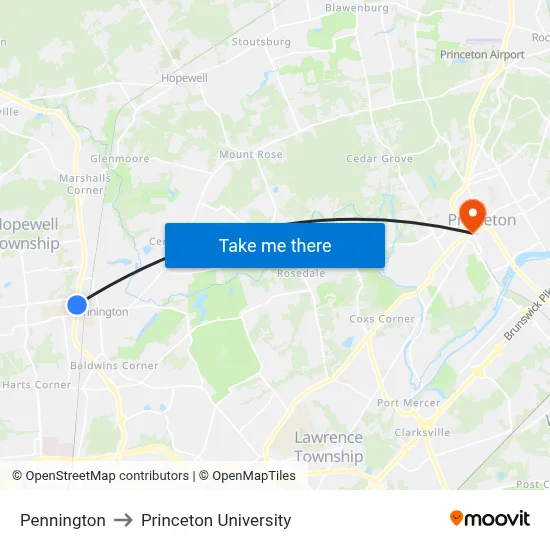 Pennington to Princeton University map