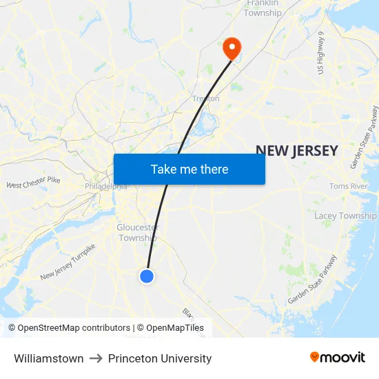 Williamstown to Princeton University map