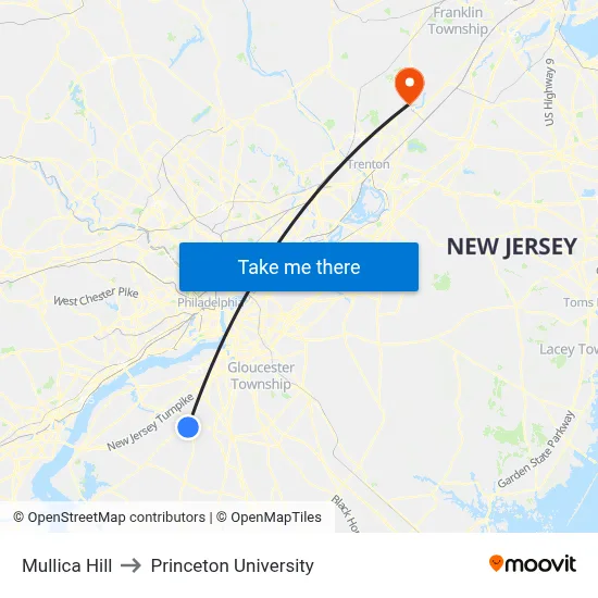 Mullica Hill to Princeton University map
