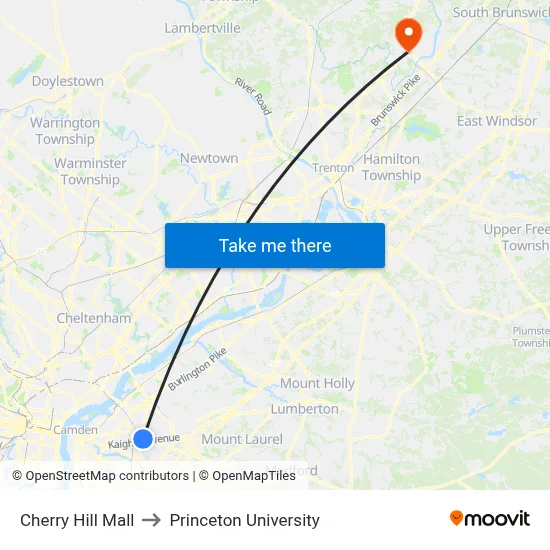 Cherry Hill Mall to Princeton University map