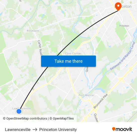 Lawrenceville to Princeton University map