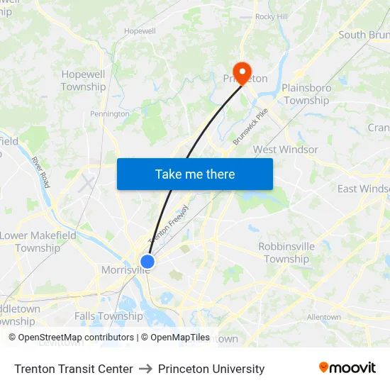 Trenton Transit Center to Princeton University map